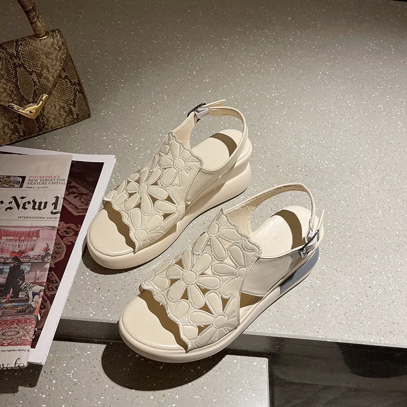 Women's Hollow Leather Wedge Sandals