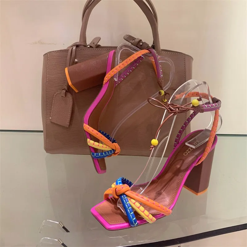 Women's Luxury Twist Woven Color Blocking Thick High Heel Sandals