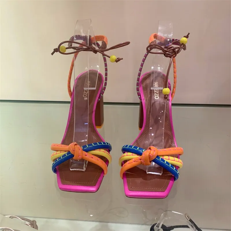 Women's Luxury Twist Woven Color Blocking Thick High Heel Sandals