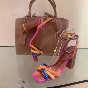 Women's Luxury Twist Woven Color Blocking Thick High Heel Sandals