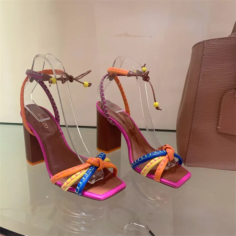 Women's Luxury Twist Woven Color Blocking Thick High Heel Sandals