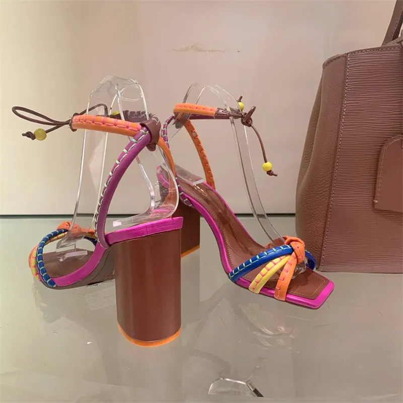 Women's Luxury Twist Woven Color Blocking Thick High Heel Sandals